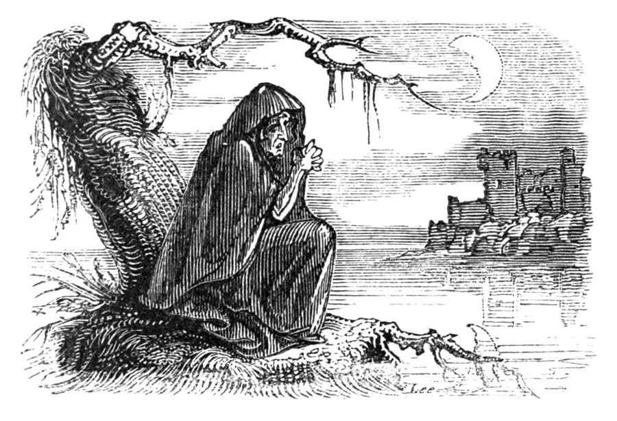 La banshee de la famille Bunworth, gravure de W. H. Brooke pour les Fairy Legends de Crofton Croker, édition de 1834.