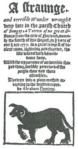 Page de titre du pamphlet d'Abraham Fleming « A Straunge and Terrible Wunder », 1577, qui rapporte l'apparition du chien noir à Bungay.