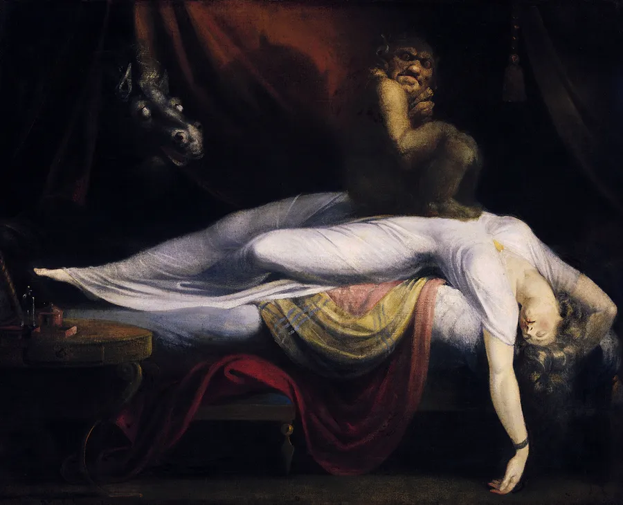 « Le Cauchemar » de Johann Heinrich Füssli (1781) : l'incube accroupi sur la dormeuse (Detroit Institute of Arts).