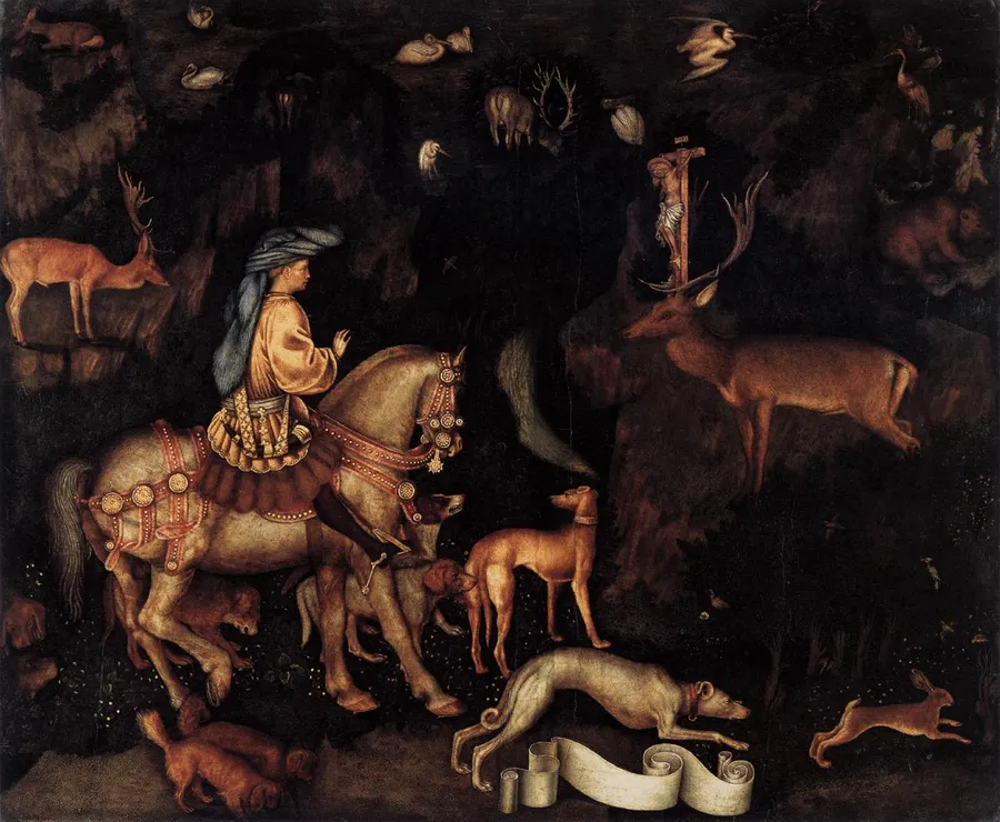 La Vision de saint Eustache, Pisanello, vers 1440 : le cerf porteur du crucifix apparaît au chasseur.