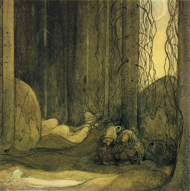 Les trolls et le changeling qu'ils ont élevé, illustration de John Bauer pour Bland tomtar och troll, 1913.
