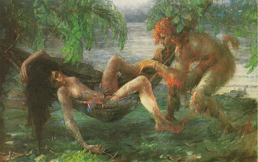 O Curupira, huile du peintre amazonien Manoel Santiago, 1926 : le gardien velu à la crinière orangée surprend une jeune Indienne endormie dans son hamac.