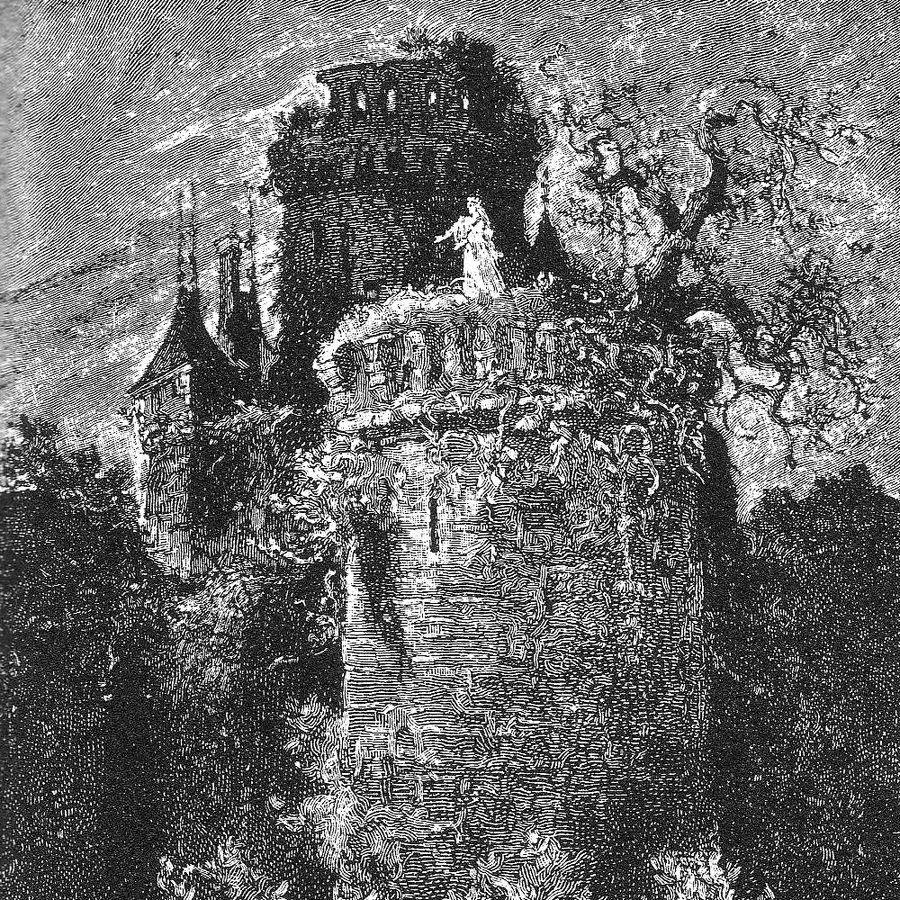 La dame blanche au sommet d'une tour, gravure de Léon Benett pour Le Château des Carpathes de Jules Verne, 1892.