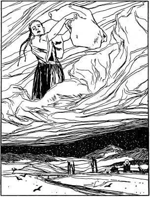 La pluie d'or de Dame Holle, illustration d'Otto Ubbelohde pour le conte des frères Grimm, 1909.