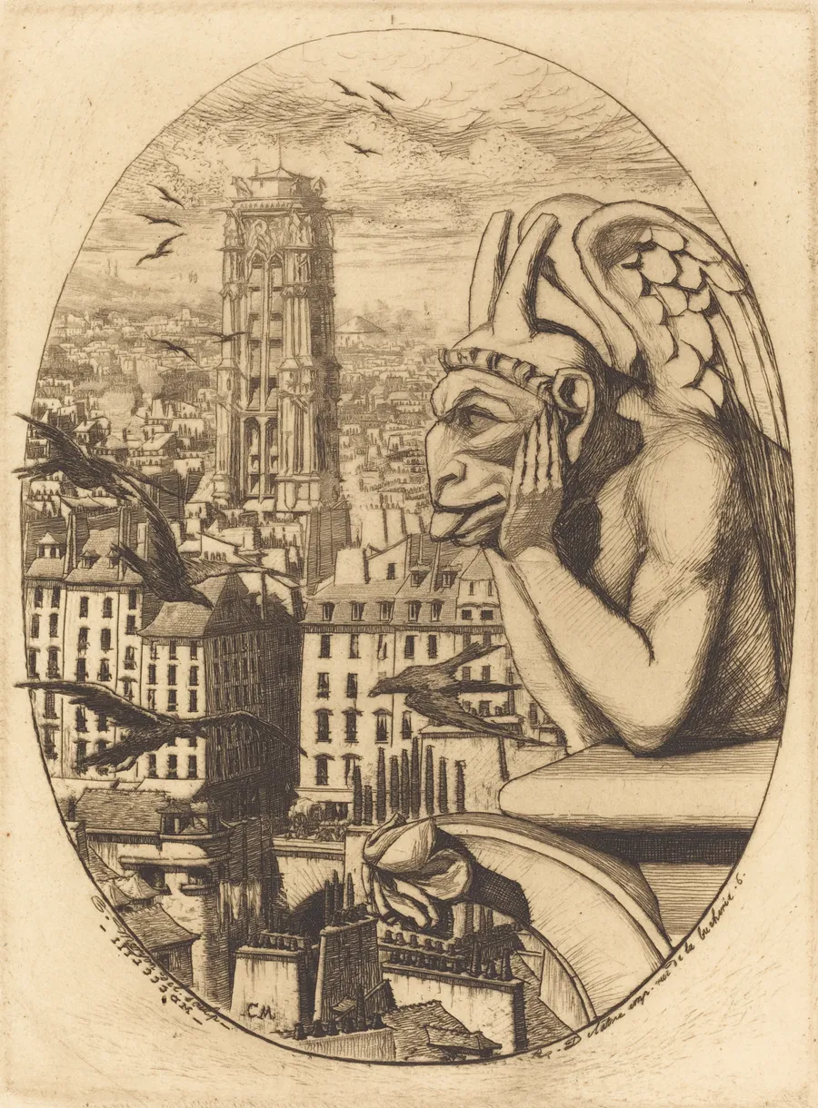 Le Stryge, eau-forte de Charles Méryon d'après la chimère de Notre-Dame de Paris, 1853.