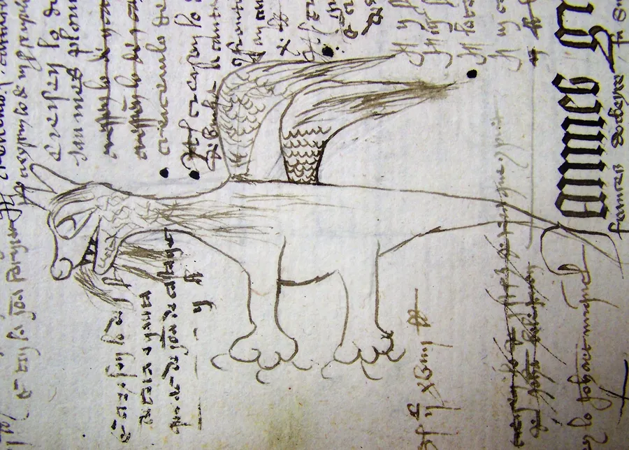 Le drac dessiné en 1390 dans un compoix (registre cadastral) de Beaucaire, archives municipales de la ville.