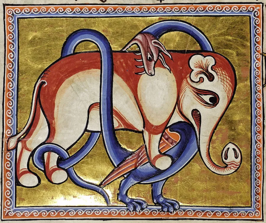 Dragon du bestiaire d'Aberdeen, manuscrit enluminé du XIIe siècle.