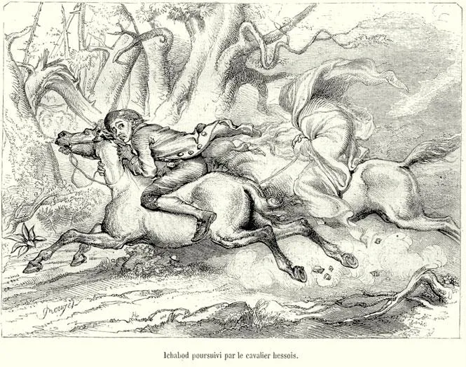 Ichabod Crane poursuivi par le cavalier sans tête, illustration de F. O. C. Darley pour « La Légende de Sleepy Hollow », 1849 : le cousin américain du dullahan.