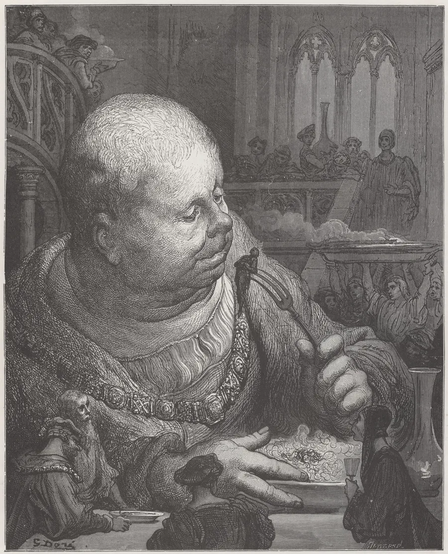 Gargantua avale des pèlerins dans sa salade, illustration de Gustave Doré pour Rabelais, 1873.