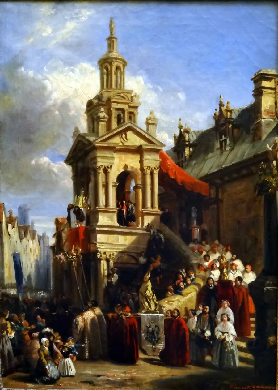 La procession de la Gargouille, tableau de Clément Boulanger, 1837 : le condamné gracié porte la fierte de saint Romain.
