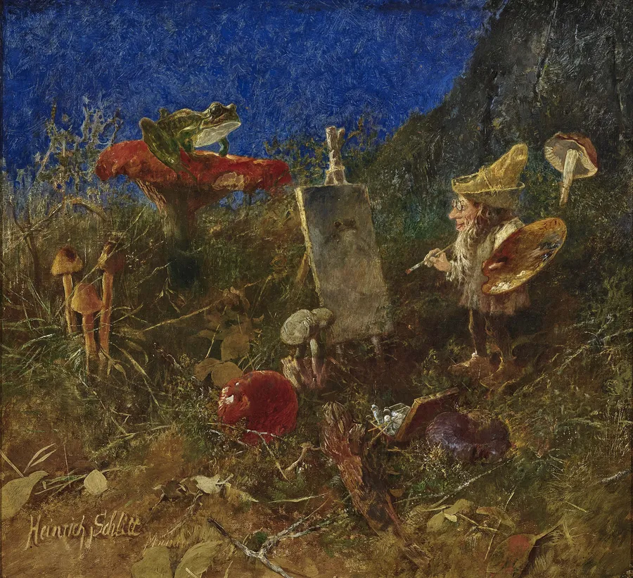 Zwerg vor der Staffelei (« Gnome au chevalet »), tableau de Heinrich Schlitt (1849-1923), peintre allemand spécialiste des gnomes.