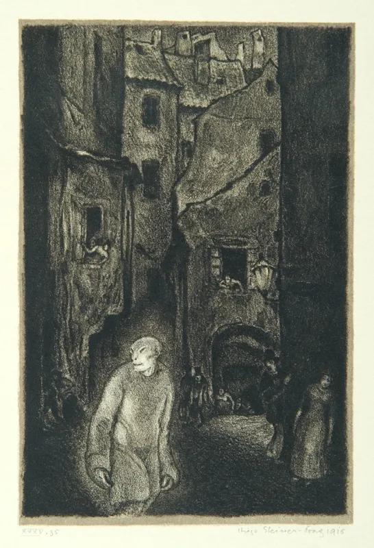 L'apparition du Golem, lithographie de Hugo Steiner-Prag pour le roman de Gustav Meyrink.