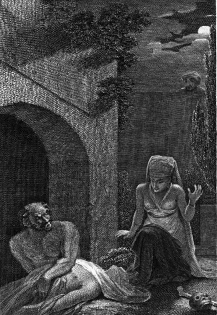 Amine surprise avec la goule au cimetière, gravure de R. Smirke pour les Mille et une nuits, 1840.
