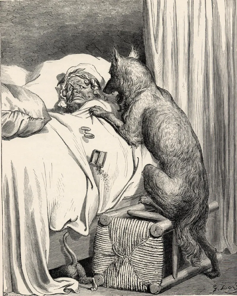 Le loup chez la grand-mère, gravure de Gustave Doré pour les Contes de Perrault (édition de 1867).