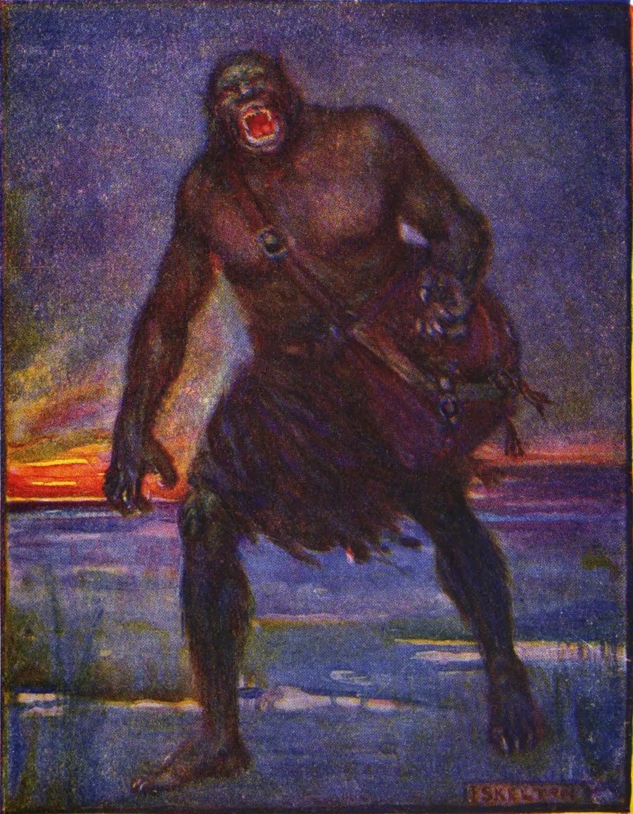 Grendel rôde vers Heorot, illustration de Joseph Ratcliffe Skelton, 1908.
