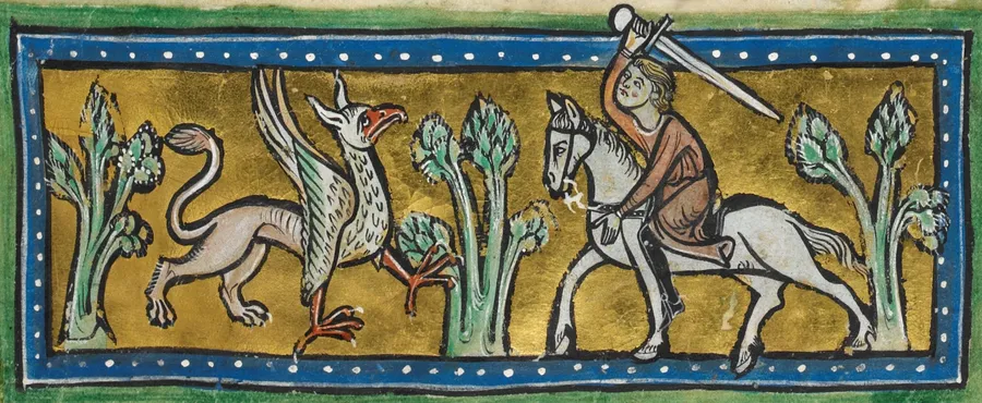 Le griffon du bestiaire de Rochester, enluminure anglaise du XIIIe siècle (British Library, Royal MS 12 F XIII).