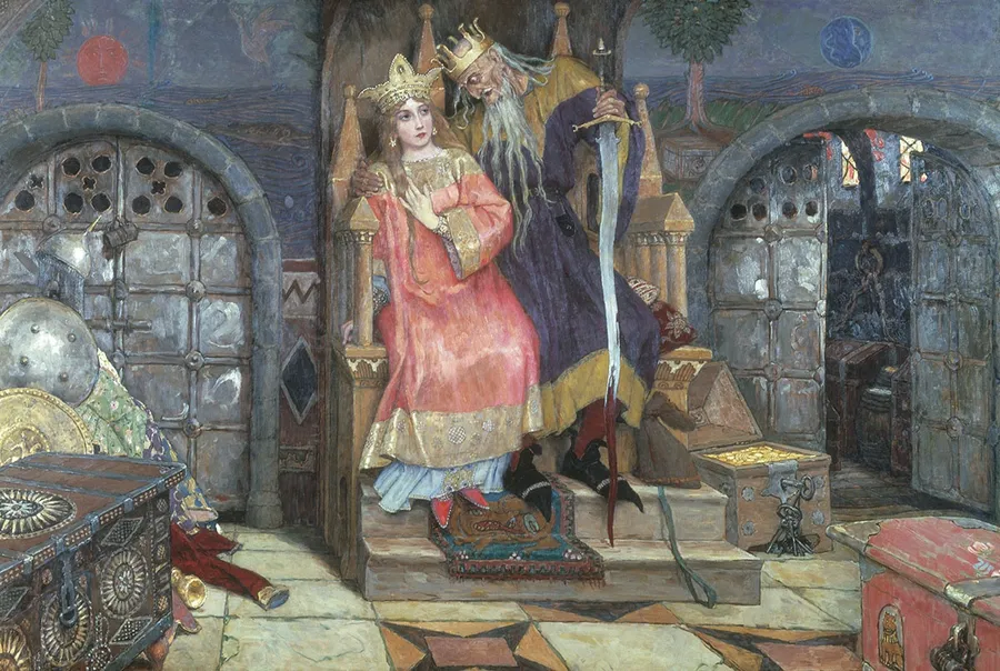 « Kachtcheï l'Immortel », huile de Viktor Vasnetsov peinte entre 1917 et 1919 pour son cycle du Poème des sept contes : le sorcier sur son trône de chêne, et la captive qui se détourne.