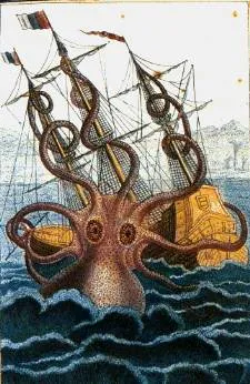 Le poulpe colossal attaquant un navire, dessin de Pierre Denys de Montfort, 1801.