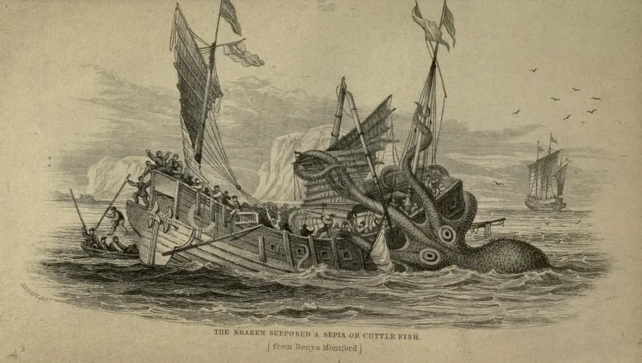 Le poulpe colossal de Denys de Montfort rebaptisé « kraken », gravure de W. H. Lizars, 1839.