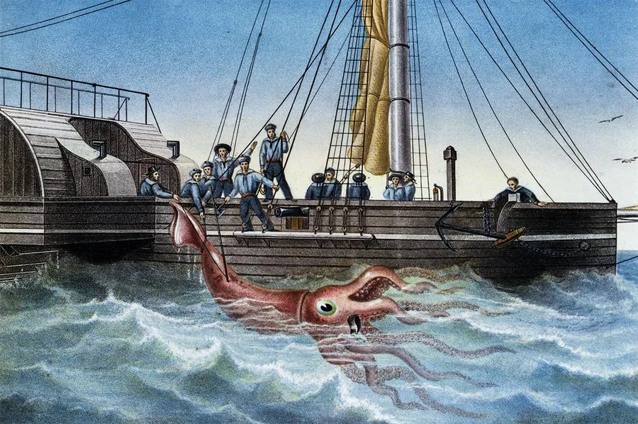 La corvette française Alecton tente de capturer un calmar géant, le 30 novembre 1861 (gravure de 1865).