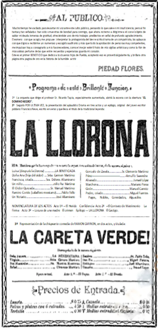 Programme du spectacle La Llorona donné le 22 octobre 1893, reproduit par la revue El Mañana en 1944.