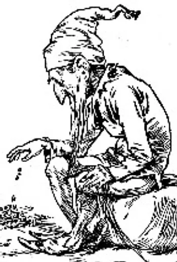 Le leprechaun à l'ouvrage sur son soulier, gravure datée de 1900, auteur inconnu.