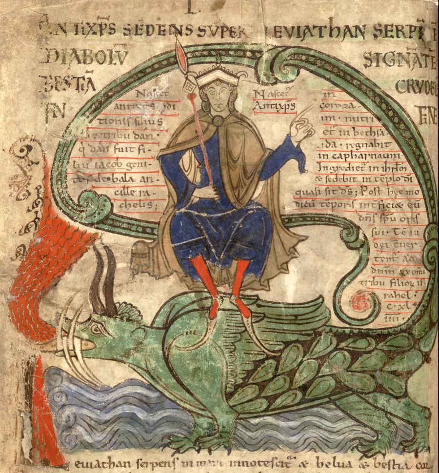 L'Antéchrist chevauchant le Léviathan, manuscrit du Liber Floridus, vers 1120.