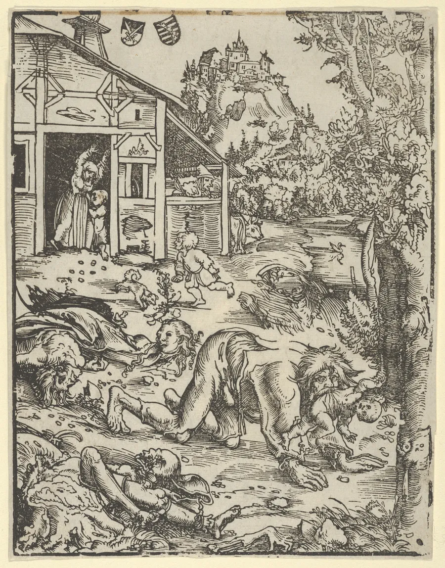 Le Loup-garou (ou Le Cannibale), gravure sur bois de Lucas Cranach l'Ancien, vers 1512.