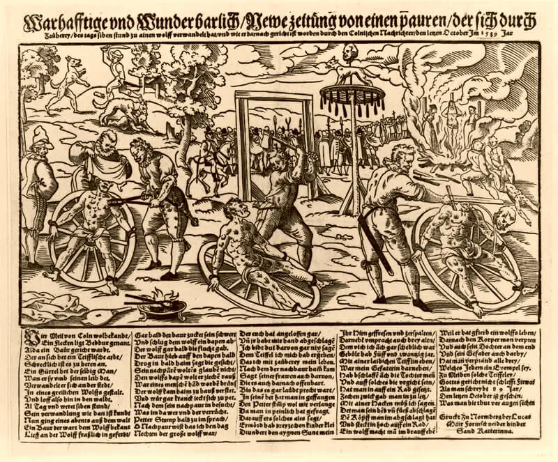 L'exécution de Peter Stumpp, accusé d'être le loup-garou de Bedburg, gravure de Lucas Mayer, Nuremberg, 1589.