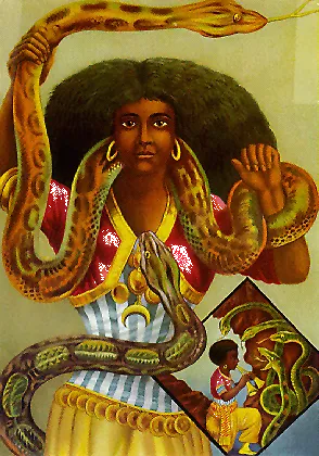 Chromolithographie de la charmeuse de serpents imprimée à Hambourg dans les années 1880, devenue le portrait de référence de Mami Wata.