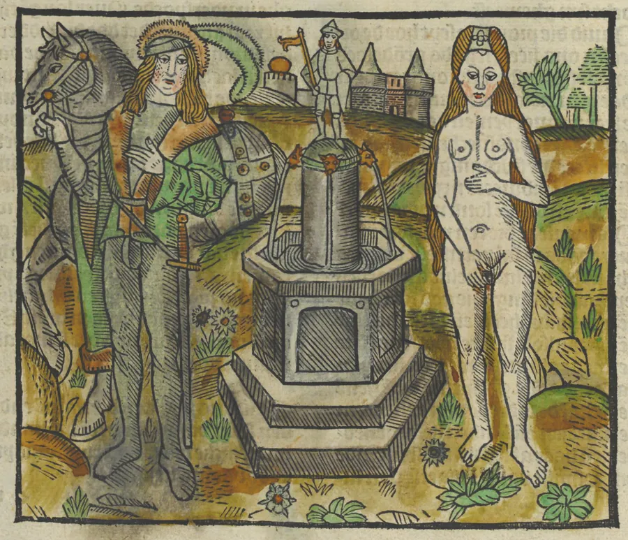 La rencontre de Mélusine et de son futur époux, gravure sur bois d'une édition de 1491 de l'Histoire de la belle Mélusine.
