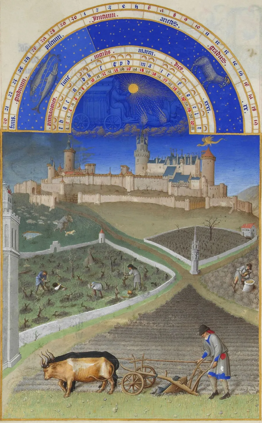 Le mois de mars des Très Riches Heures du duc de Berry : au fond, le château de Lusignan, fief de la légende mélusinienne.