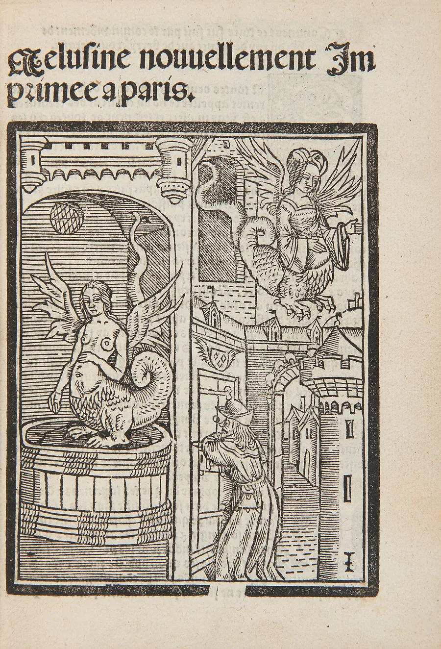 Page de titre du Roman de Mélusine imprimé à Paris par Michel Le Noir, 1517.