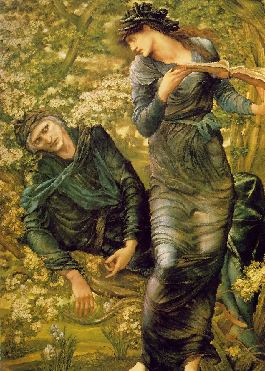 « The Beguiling of Merlin » d'Edward Burne-Jones (1874) : Viviane envoûte Merlin (Lady Lever Art Gallery, Liverpool).