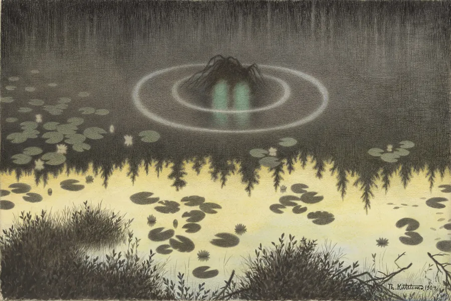 Nøkken, aquarelle et plume de Theodor Kittelsen, 1904 (Nasjonalmuseet, Oslo).