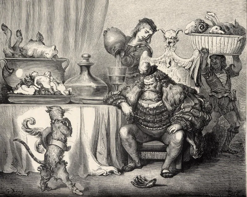 L'ogre du Chat botté attablé devant son festin, gravure de Gustave Doré, 1862.