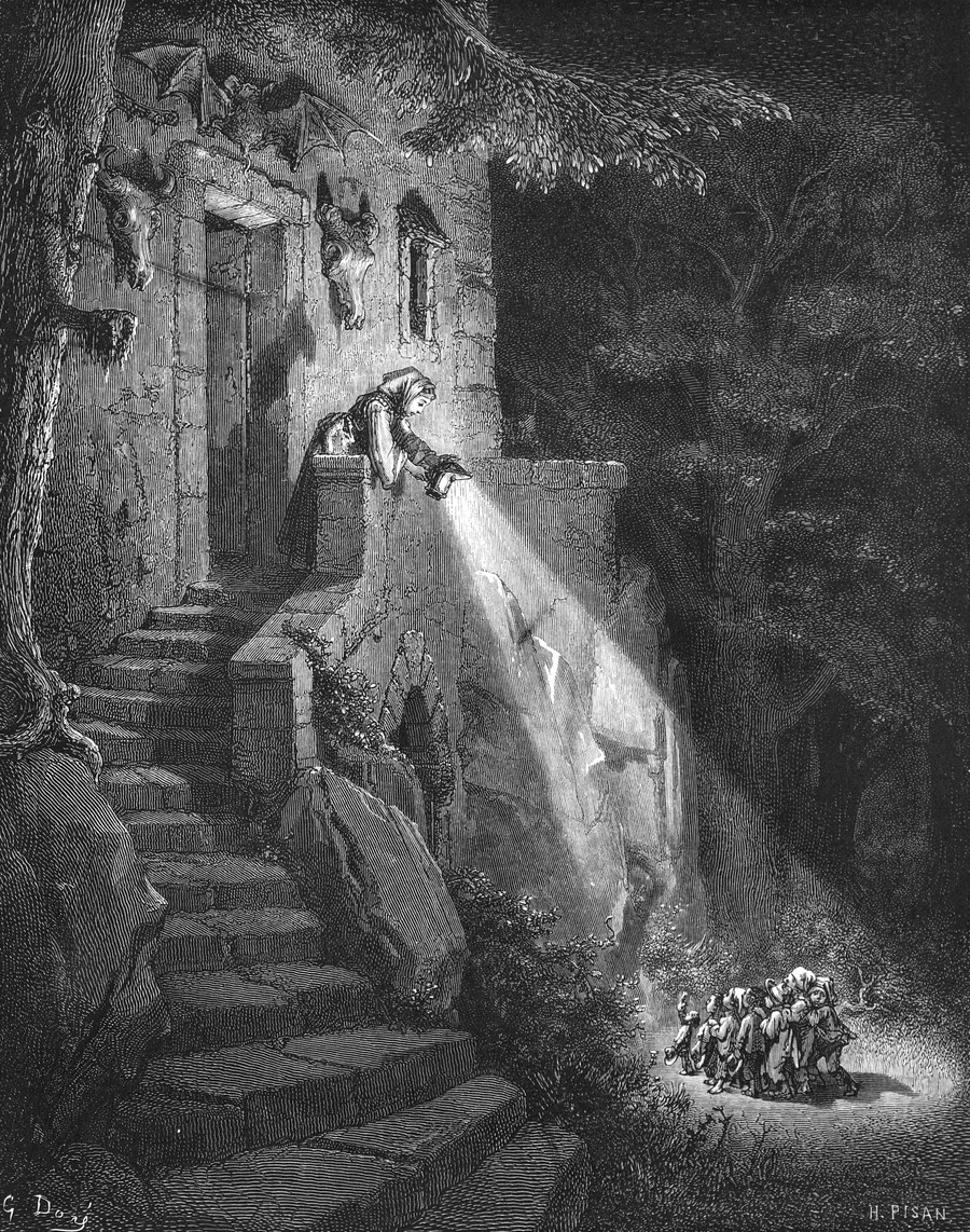 La femme de l'ogre accueille le Petit Poucet et ses frères à la lanterne, gravure de Gustave Doré pour les Contes de Perrault, édition de 1867.