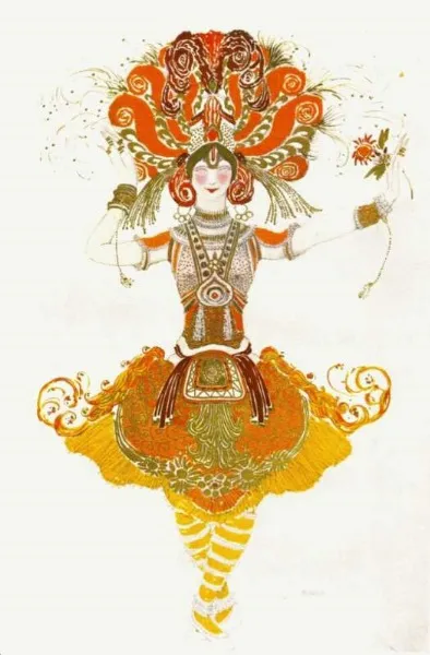 Maquette de costume de Léon Bakst pour Tamara Karsavina en Oiseau de feu, Ballets russes.