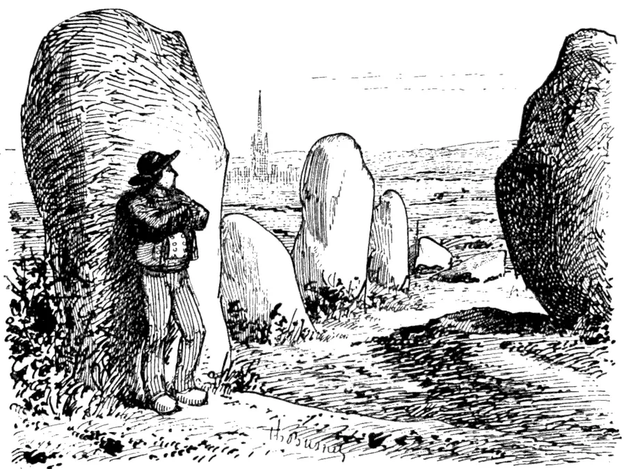 « Carnac », gravure de Théophile Busnel pour les Contes et légendes de Basse-Bretagne, 1891. Souvestre appelait ces alignements « cette ville des poulpiquets ».
