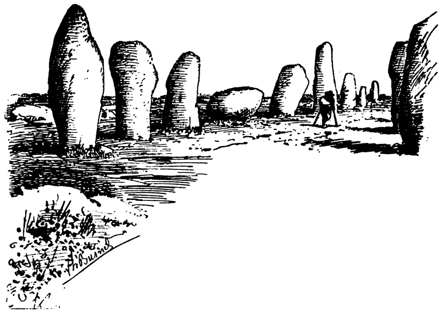 « L'Avenue », planche de Théophile Busnel ouvrant « Les Pierres de Plouhinec » d'Émile Souvestre, 1891 : la double rangée de pierres levées que le conte attribue aux korrigans.