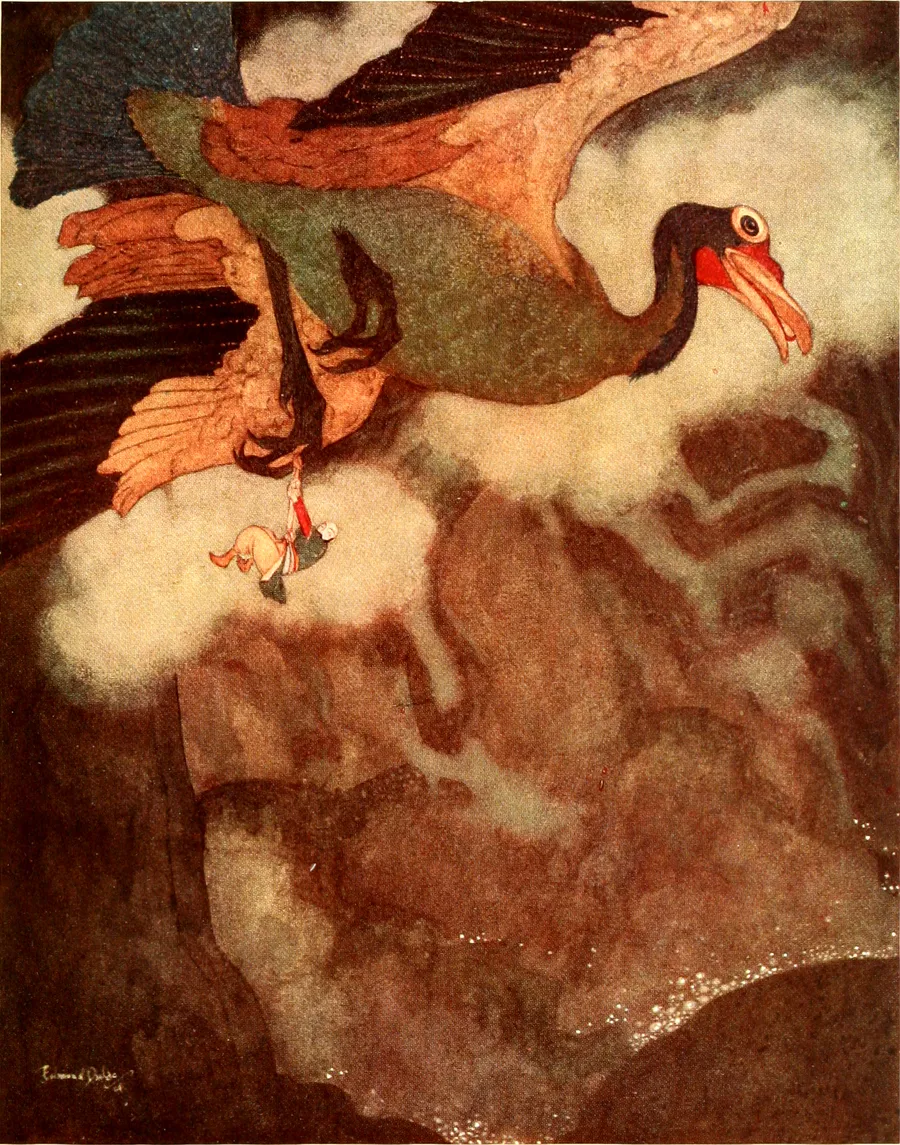 L'oiseau Roc, planche en couleurs d'Edmund Dulac pour Sinbad the Sailor and Other Stories from the Arabian Nights, Londres, 1914.