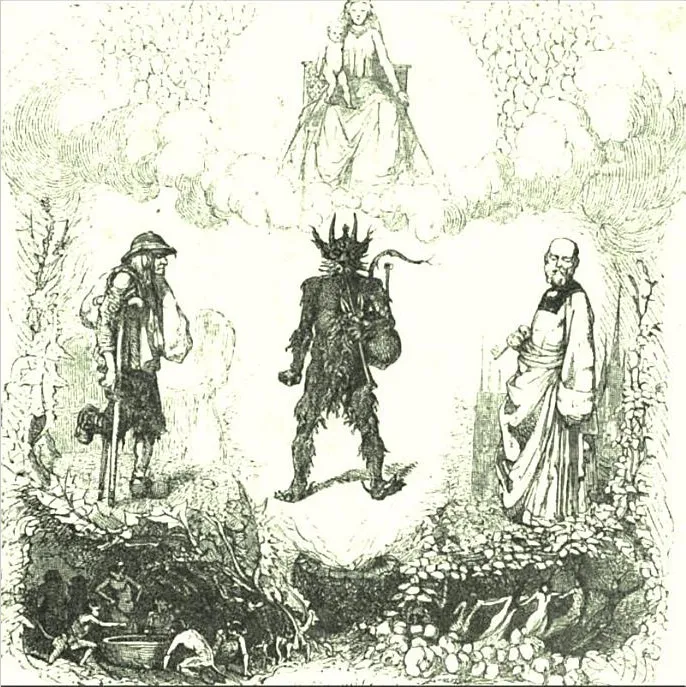 Couverture illustrée du Foyer breton d'Émile Souvestre (1844) par Octave Penguilly L'Haridon : le recueil qui fixa le conte des Korils de Plaudren.