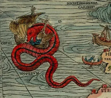 Détail de la Carta Marina d'Olaus Magnus, imprimée à Venise en 1539 : un serpent de mer enroulé autour d'un navire au large de la Scandinavie.