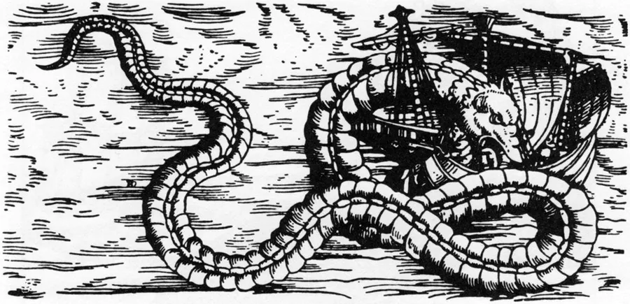 Le Soe Orm, gravure sur bois de l'Historia de gentibus septentrionalibus d'Olaus Magnus, 1555 : l'image qui a fixé pour des siècles la façon de dessiner le monstre marin.