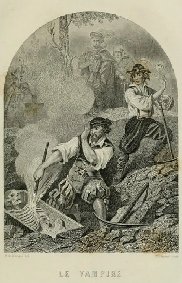 « Le Vampire », gravure d'après René de Moraine pour « Les Tribunaux secrets » de Paul Féval, 1864 : le mort qui revient chez les siens, tel que se le figurait le XIXe siècle.