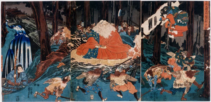 Ushiwakamaru (le jeune Yoshitsune) s'entraînant au sabre avec les tengu du mont Kurama, triptyque d'Utagawa Kuniyoshi, XIXe siècle.