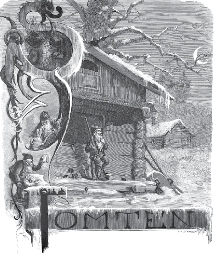 Gravure sur bois de l'Historia de gentibus septentrionalibus d'Olaus Magnus, 1555, livre III : des esprits domestiques au travail dans une ferme du Nord.