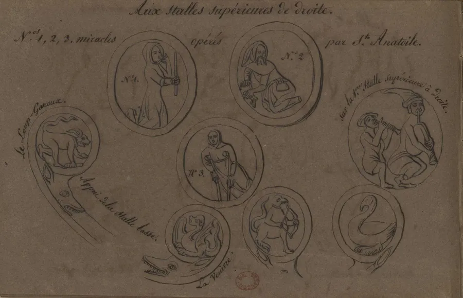 Vouivre sculptée dans les stalles de l'église Saint-Anatoile de Salins-les-Bains, dans le Jura, dessinée par le folkloriste Désiré Monnier en 1842 (troisième vignette).