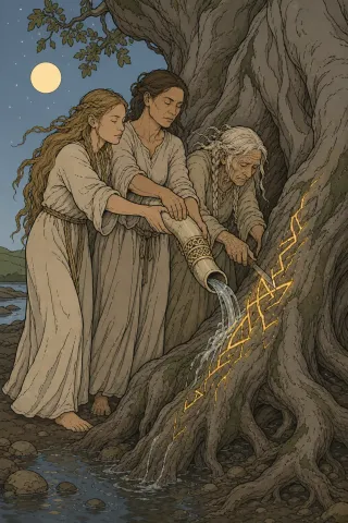 Les Nornes, créature du folklore (Scandinavie, sous Yggdrasil)