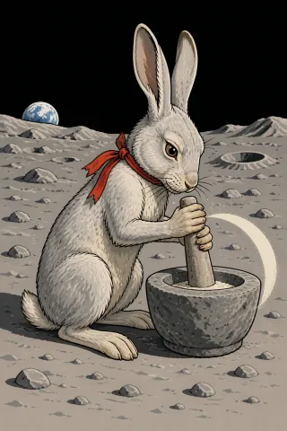 Lièvre de lune, créature du folklore (Motif d'Asie orientale, surface lunaire)